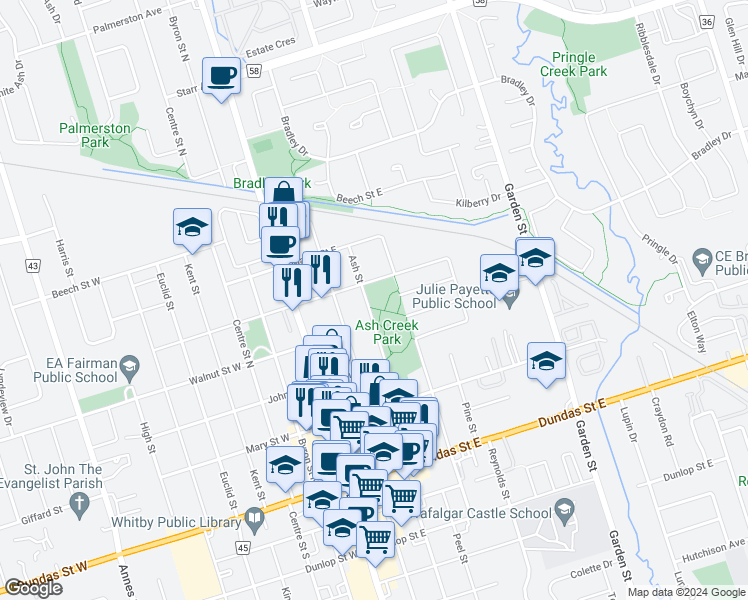 map of restaurants, bars, coffee shops, grocery stores, and more near 337 Ash Street in Whitby