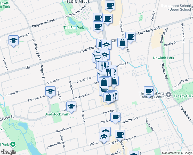 map of restaurants, bars, coffee shops, grocery stores, and more near 3 Pairash Avenue in Richmond Hill