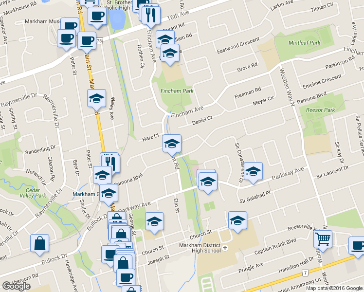 map of restaurants, bars, coffee shops, grocery stores, and more near 15 Brookfield Court in Markham