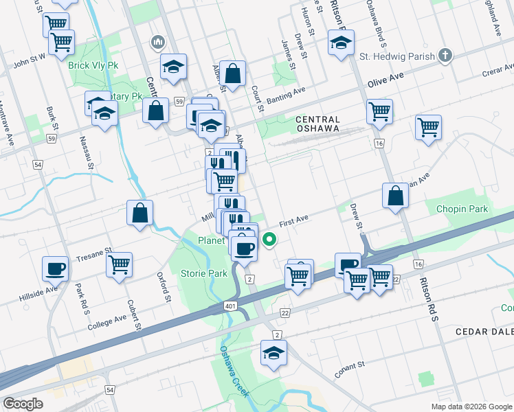 map of restaurants, bars, coffee shops, grocery stores, and more near in Oshawa