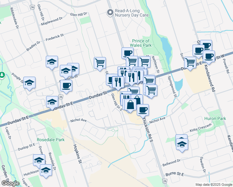 map of restaurants, bars, coffee shops, grocery stores, and more near 1527 Dundas Street East in Whitby
