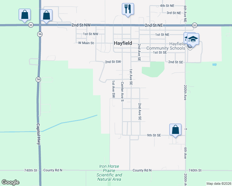 map of restaurants, bars, coffee shops, grocery stores, and more near 507 1st Avenue Southwest in Hayfield