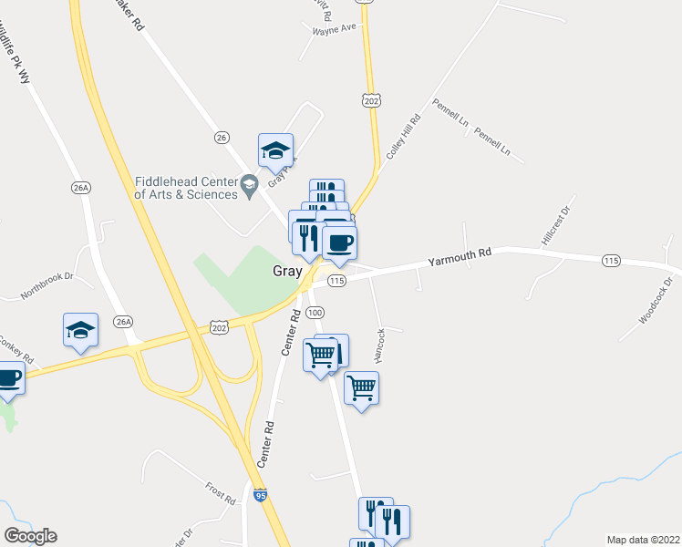 map of restaurants, bars, coffee shops, grocery stores, and more near 6 Brown Street in Gray