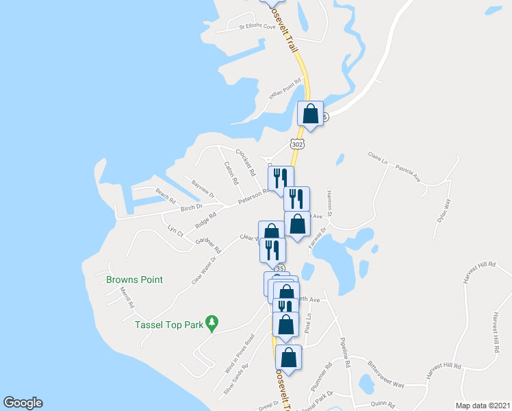 map of restaurants, bars, coffee shops, grocery stores, and more near 10 Peterson Road in Raymond