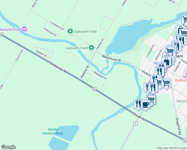 map of restaurants, bars, coffee shops, grocery stores, and more near 149 Maitland Street in Wingham