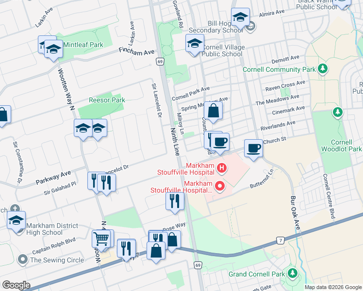 map of restaurants, bars, coffee shops, grocery stores, and more near 9 Riverlands Avenue in Markham