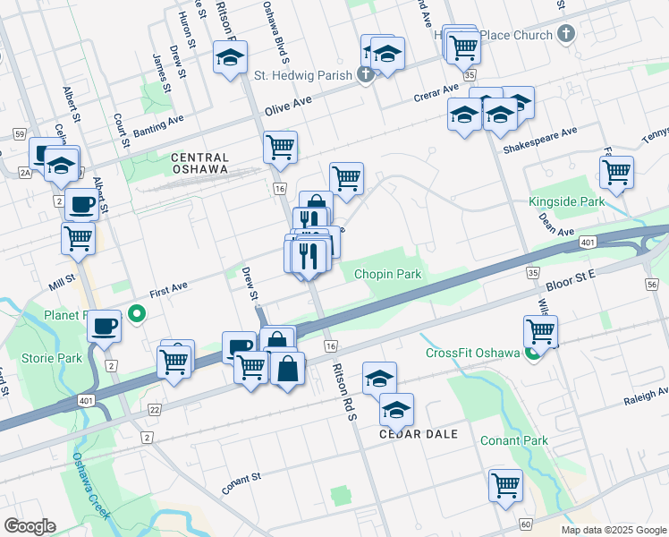 map of restaurants, bars, coffee shops, grocery stores, and more near 299 Monash Avenue in Oshawa