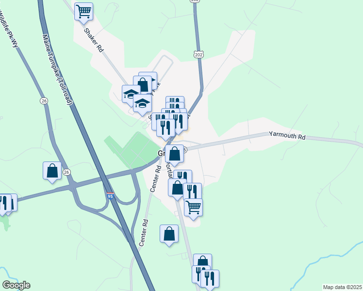 map of restaurants, bars, coffee shops, grocery stores, and more near 6 Brown Street in Gray