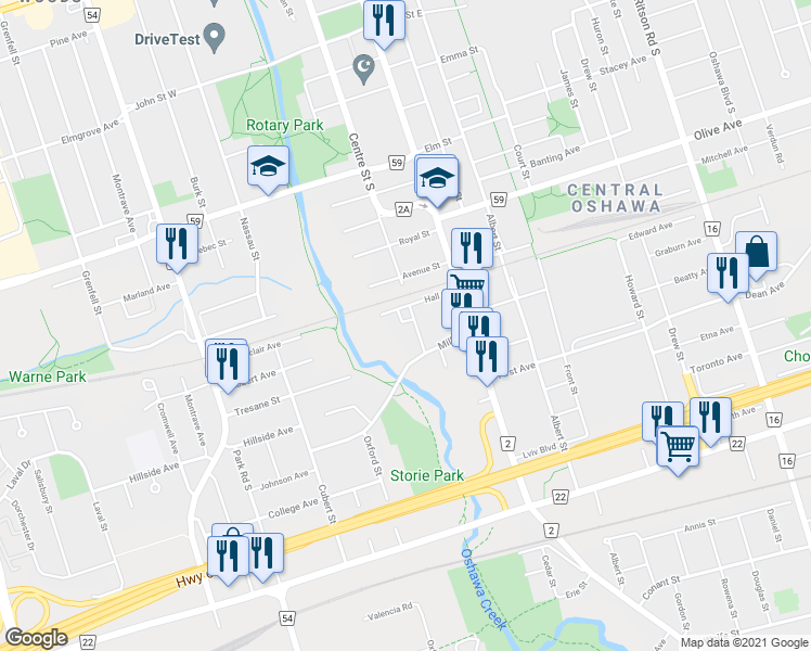 map of restaurants, bars, coffee shops, grocery stores, and more near 440 Centre Street South in Oshawa