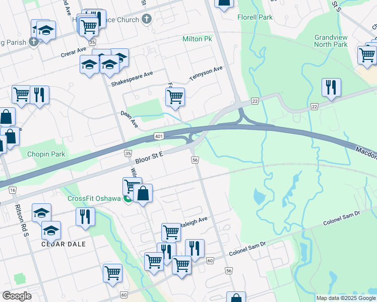 map of restaurants, bars, coffee shops, grocery stores, and more near 675 Bloor Street East in Oshawa