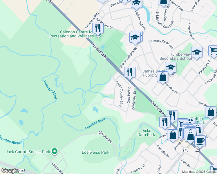 map of restaurants, bars, coffee shops, grocery stores, and more near 11 Natureview Court in Caledon