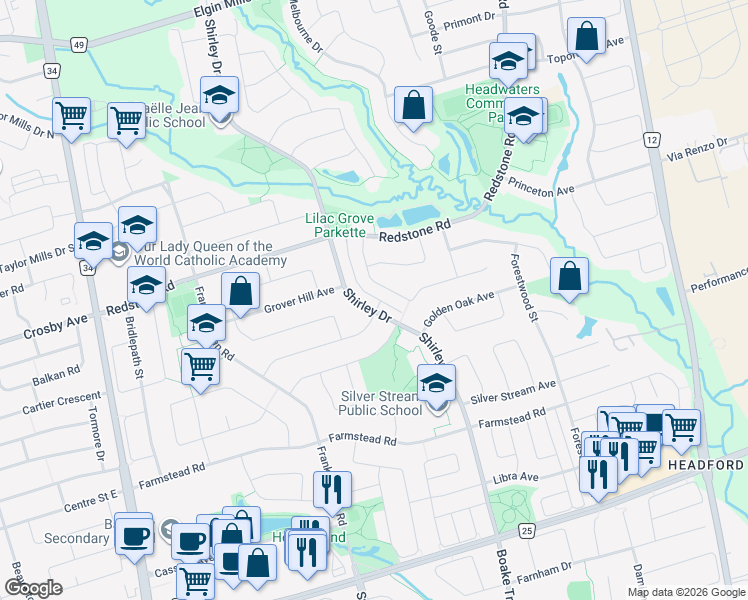 map of restaurants, bars, coffee shops, grocery stores, and more near 171 Shirley Drive in Richmond Hill