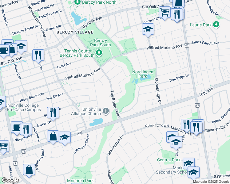 map of restaurants, bars, coffee shops, grocery stores, and more near 4 Castleglen Boulevard in Markham