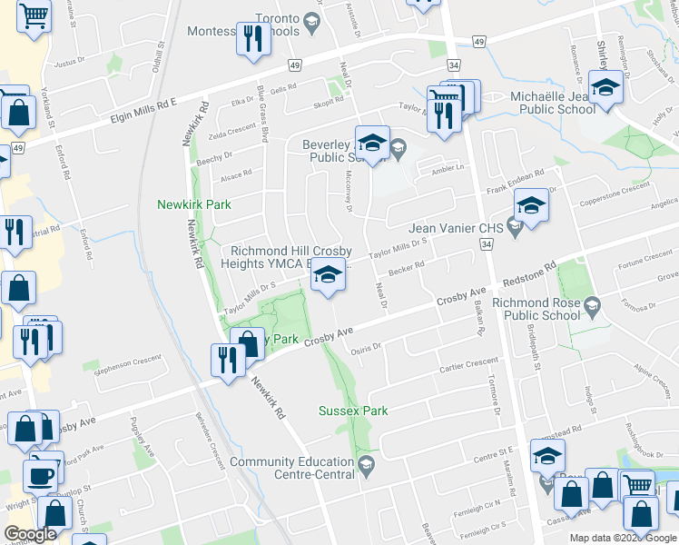 map of restaurants, bars, coffee shops, grocery stores, and more near 320 Taylor Mills Drive South in Richmond Hill