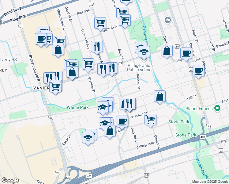 map of restaurants, bars, coffee shops, grocery stores, and more near 539 Grenfell Street in Oshawa