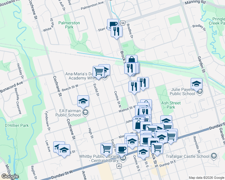 map of restaurants, bars, coffee shops, grocery stores, and more near 524 Centre Street North in Whitby