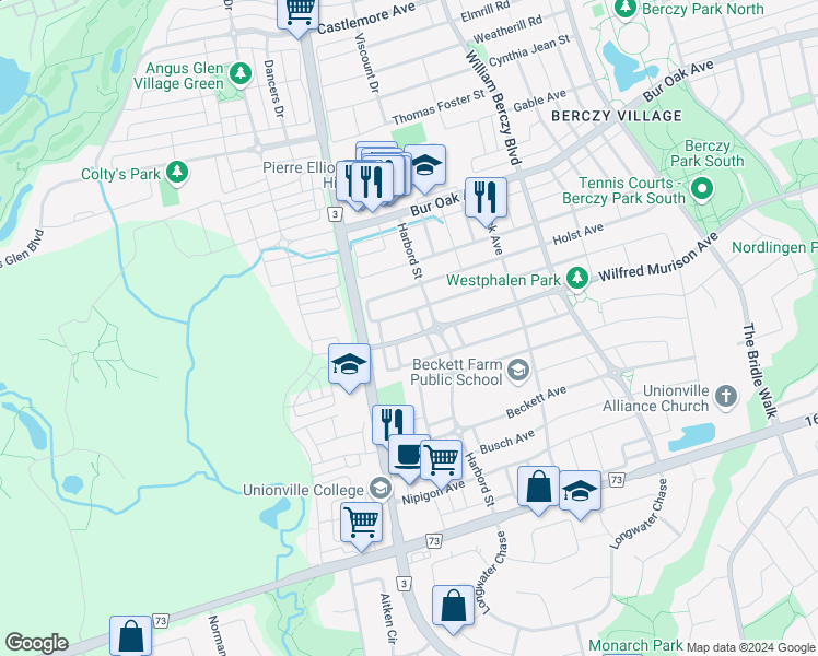 map of restaurants, bars, coffee shops, grocery stores, and more near in Markham