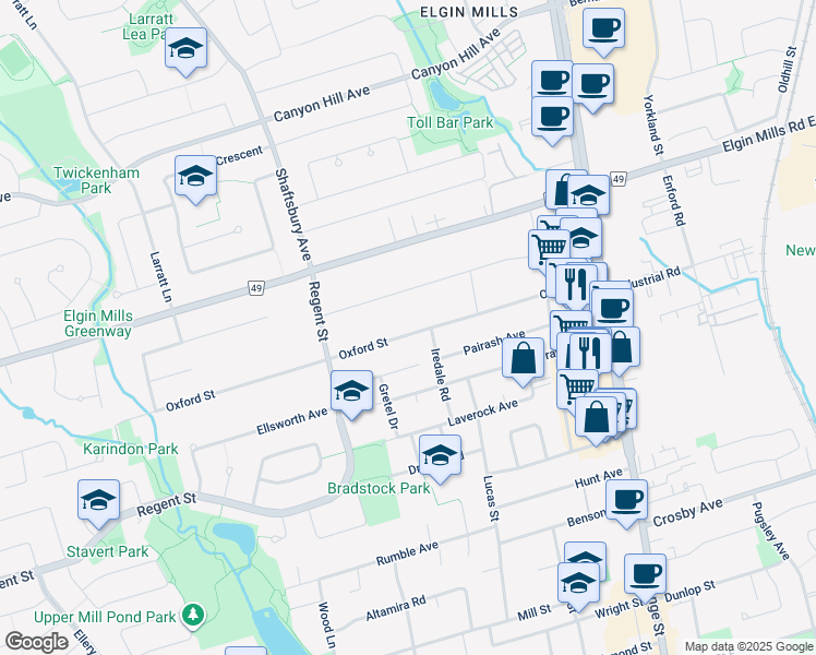 map of restaurants, bars, coffee shops, grocery stores, and more near 86 Oxford Street in Richmond Hill