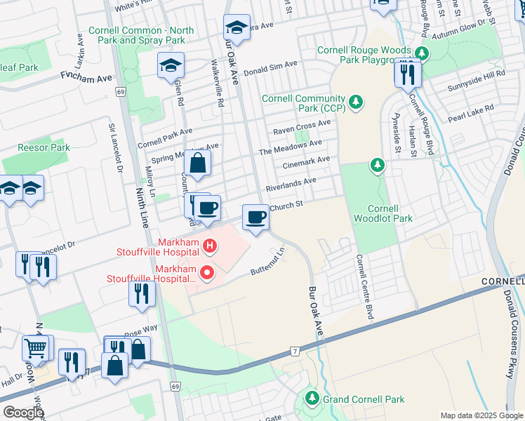map of restaurants, bars, coffee shops, grocery stores, and more near Bur Oak Avenue & Church Street in Markham