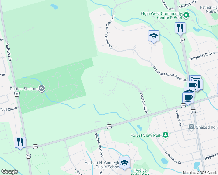 map of restaurants, bars, coffee shops, grocery stores, and more near 16 Dew Drop Court in Vaughan