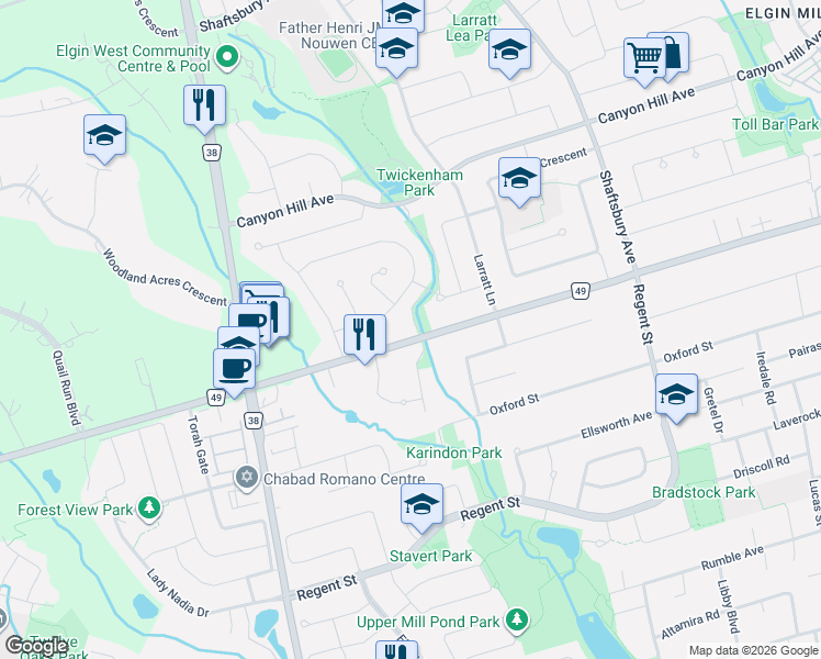 map of restaurants, bars, coffee shops, grocery stores, and more near 568 York Regional Road 49 in Richmond Hill