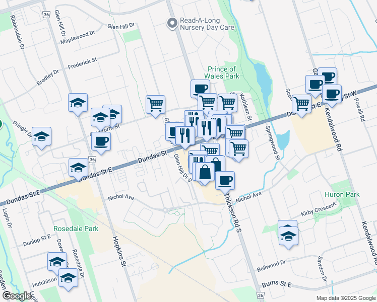 map of restaurants, bars, coffee shops, grocery stores, and more near 1527 Dundas Street East in Whitby