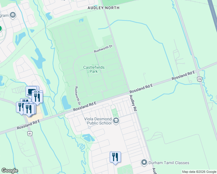 map of restaurants, bars, coffee shops, grocery stores, and more near 5 Hollier Drive in Ajax