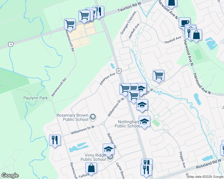map of restaurants, bars, coffee shops, grocery stores, and more near 24 Dring Street in Ajax