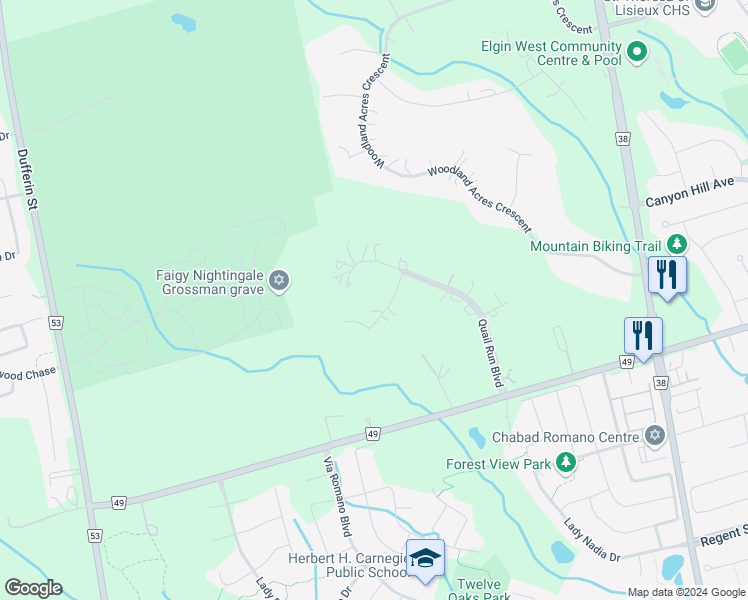 map of restaurants, bars, coffee shops, grocery stores, and more near 16 Dew Drop Court in Vaughan