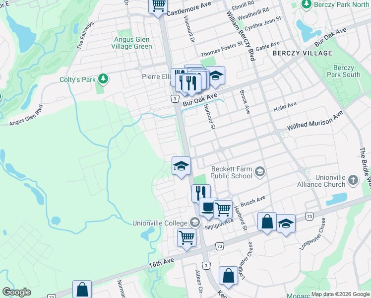 map of restaurants, bars, coffee shops, grocery stores, and more near 9374 Kennedy Road in Markham