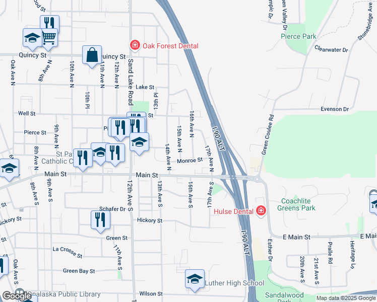 map of restaurants, bars, coffee shops, grocery stores, and more near 209 16th Avenue North in Onalaska