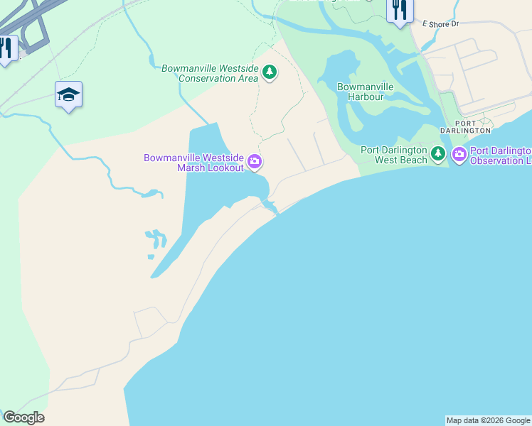 map of restaurants, bars, coffee shops, grocery stores, and more near 149 Cedar Crest Beach Road in Bowmanville