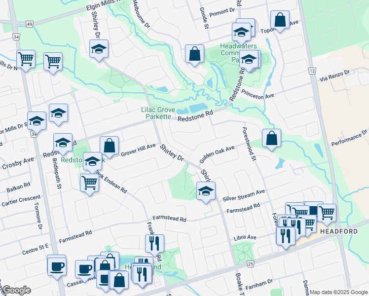 map of restaurants, bars, coffee shops, grocery stores, and more near 75 Peninsula Crescent in Richmond Hill