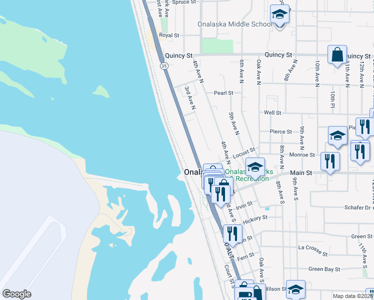 map of restaurants, bars, coffee shops, grocery stores, and more near 401 2nd Avenue North in Onalaska