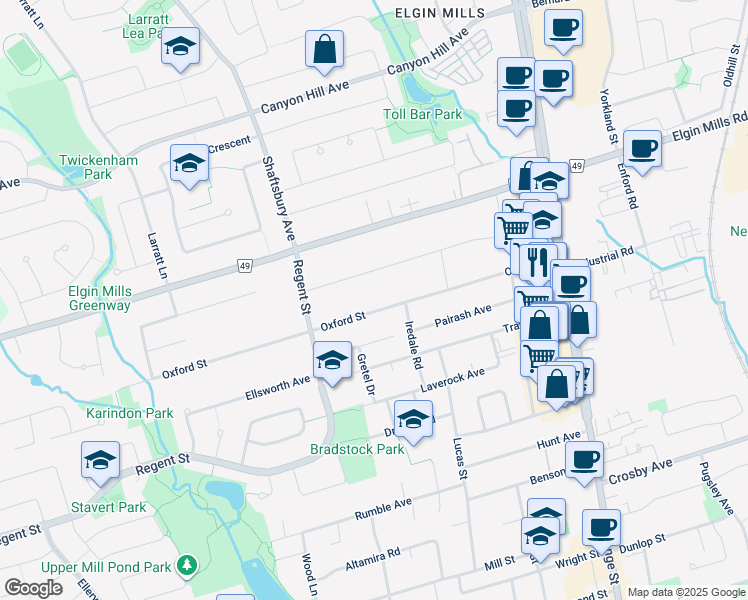 map of restaurants, bars, coffee shops, grocery stores, and more near 86 Oxford Street in Richmond Hill