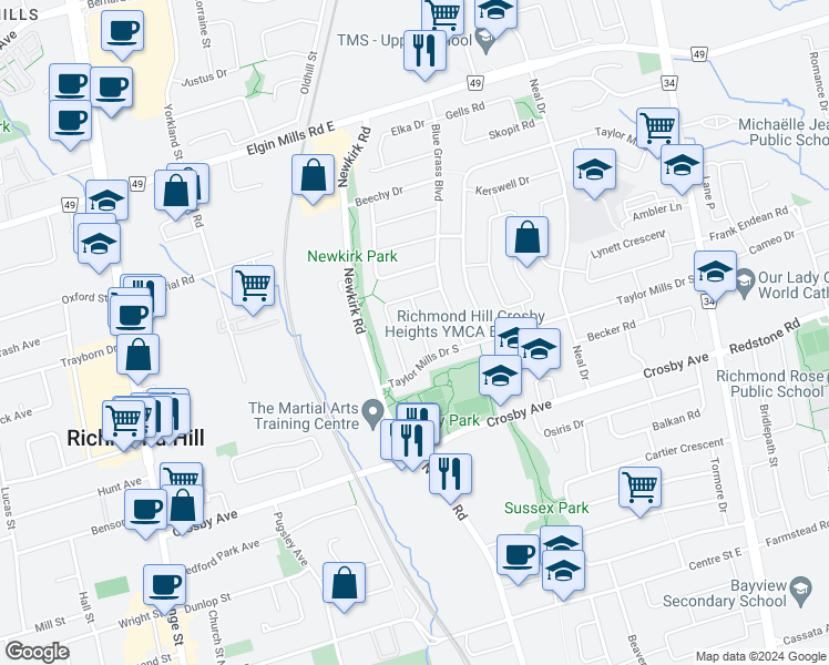 map of restaurants, bars, coffee shops, grocery stores, and more near 236 Anzac Road in Richmond Hill