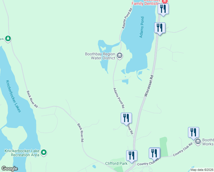 map of restaurants, bars, coffee shops, grocery stores, and more near 235 Adams Pond Road in Boothbay