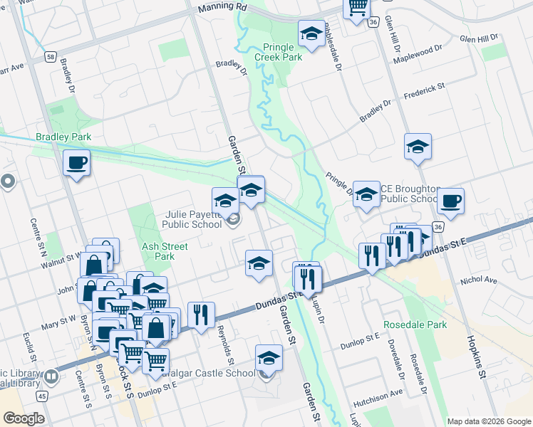 map of restaurants, bars, coffee shops, grocery stores, and more near 301 Garden Street in Whitby