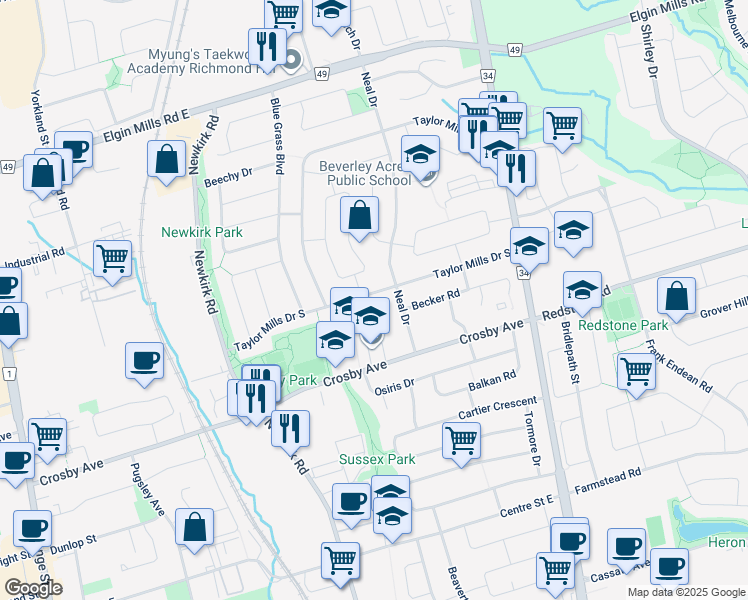 map of restaurants, bars, coffee shops, grocery stores, and more near 320 Taylor Mills Drive South in Richmond Hill