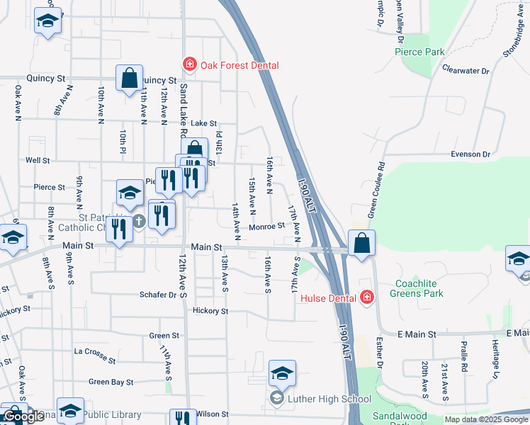 map of restaurants, bars, coffee shops, grocery stores, and more near 209 16th Avenue North in Onalaska