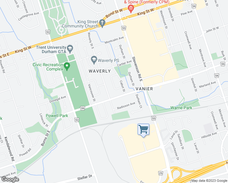 map of restaurants, bars, coffee shops, grocery stores, and more near 676 Perry Crescent in Oshawa
