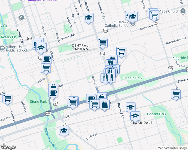 map of restaurants, bars, coffee shops, grocery stores, and more near 515 Drew Street in Oshawa