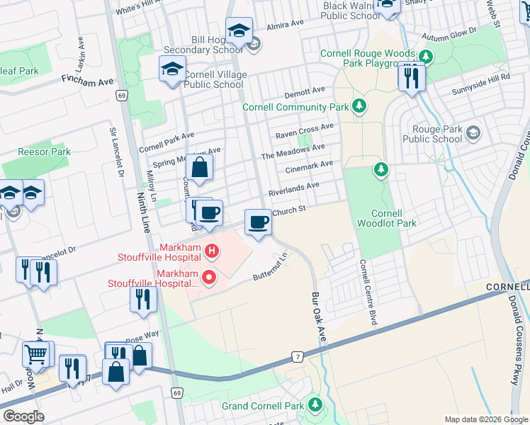 map of restaurants, bars, coffee shops, grocery stores, and more near 3060 Bur Oak Avenue in Markham