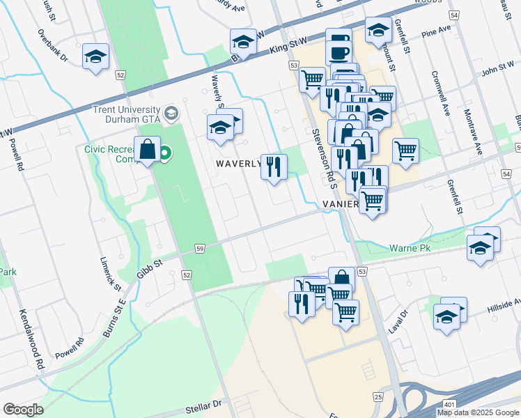 map of restaurants, bars, coffee shops, grocery stores, and more near 235 Waverly Street South in Oshawa