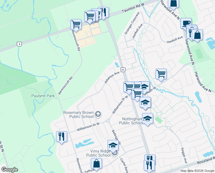 map of restaurants, bars, coffee shops, grocery stores, and more near 38 Clapperton Drive in Ajax
