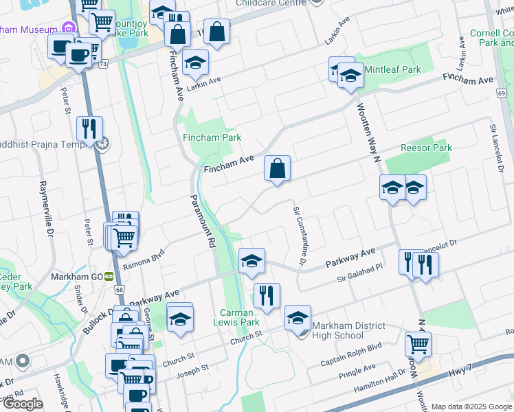 map of restaurants, bars, coffee shops, grocery stores, and more near 71 Ramona Boulevard in Markham