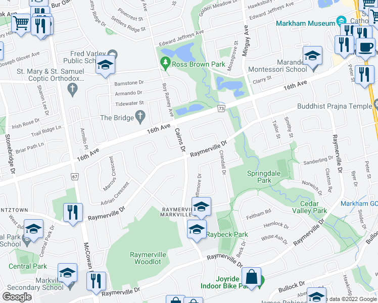 map of restaurants, bars, coffee shops, grocery stores, and more near 457 Raymerville Drive in Markham