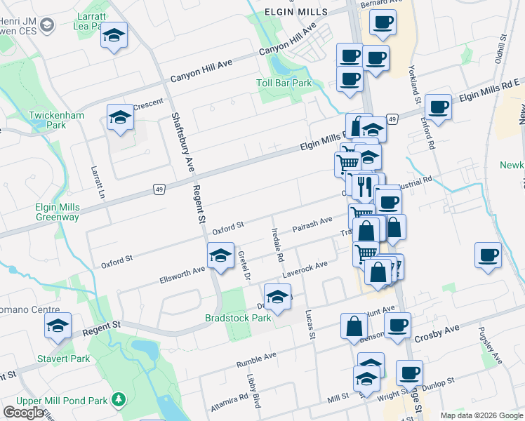 map of restaurants, bars, coffee shops, grocery stores, and more near 76 Oxford Street in Richmond Hill