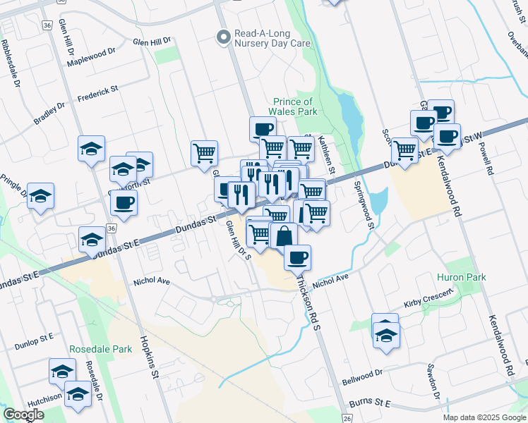 map of restaurants, bars, coffee shops, grocery stores, and more near 1545 Dundas Street East in Whitby
