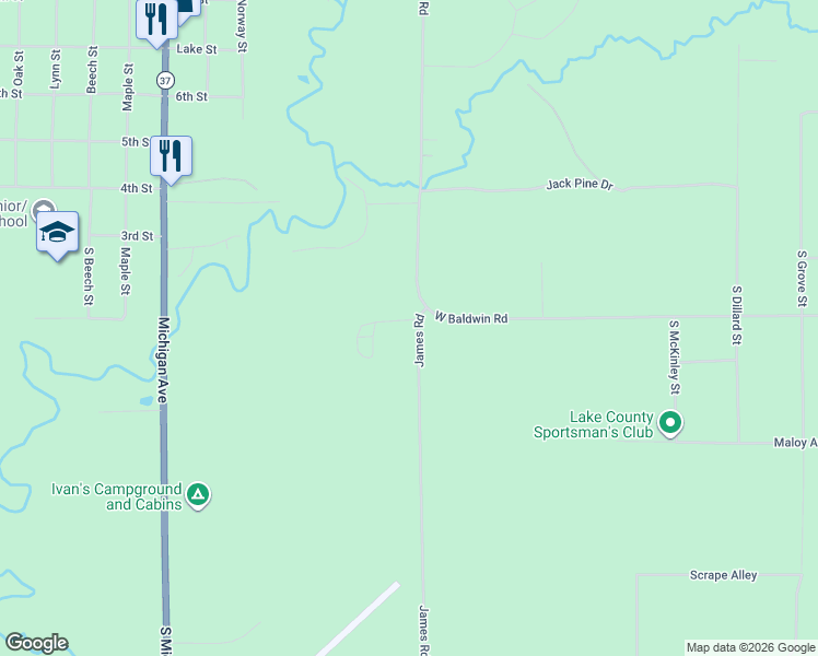 map of restaurants, bars, coffee shops, grocery stores, and more near 2062 West Bal-San Drive in Baldwin